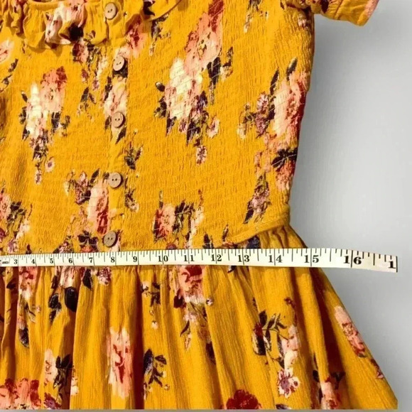 Xhilaration Yellow Floral Print Ruffled Smocked Bodice Off-Shoulder Mini Dress - Picture 12 of 14